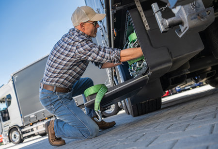 A truck driver is kneeling to secure cargo with green straps at a loading dock, ensuring safe...