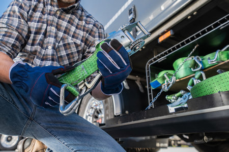 Truck driver is preparing to fasten cargo using ratchet straps from a storage compartment on a vehicle under bright sunlight.の写真素材