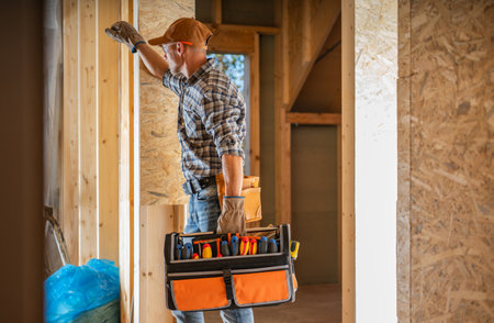 A construction worker stands next to a wooden wall, holding a toolbox filled with various tools,...