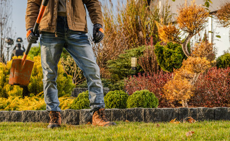 A gardener stands ready with a shovel in a vibrant garden filled with neatly trimmed bushes and colorful plants during a sunny day.の写真素材