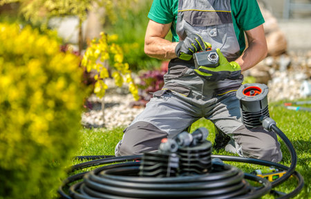 A gardener is setting up irrigation equipment in a vibrant backyard, ensuring plants receive adequate water during the warm spring season.の写真素材
