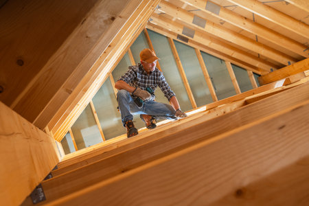 A skilled worker is adjusting wooden beams in an unfinished attic, focused on the task and surrounded by wooden structures.の写真素材