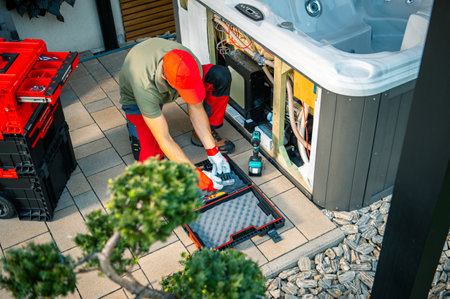 A technician kneels by a hot tub, focused on plumbing and electrical repairs in a residential patio area, surrounded by tools and equipment.の写真素材