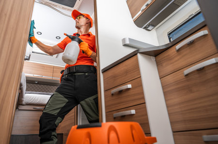 A worker in an orange shirt and gloves cleans the interior of a camper van, using a spray bottle and cloth.の写真素材