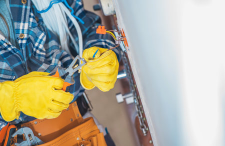 An electrician in yellow gloves uses tools to work on electrical wiring in a residential area. The activity occurs in a bright indoor setting.の写真素材