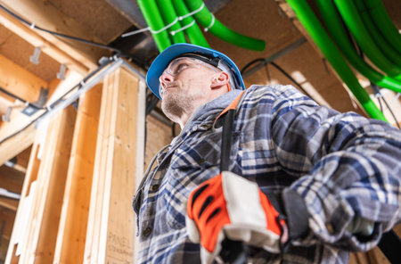 A construction worker in safety gear stands ready, examining the site with intense focus. Bright...