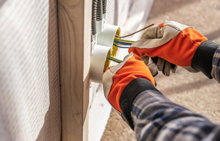 An electrician wearing safety gloves works on connecting electrical wires in a residential setting...