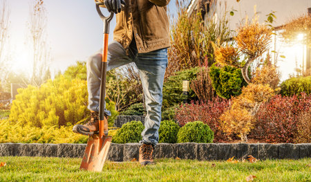 A person in a brown jacket is actively digging into the soil with a shovel, surrounded by a varied landscape of vibrant greenery and colorful shrubs. The sunlight illuminates the serene garden setting.の写真素材