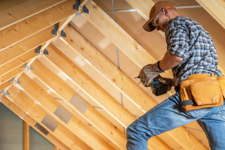 A construction worker is focused on installing wooden beams in an attic space during a home renovation. Visible are the wooden structures overhead, showing the progress of the project in bright, natural light.の写真素材