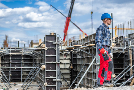 A construction worker in a helmet and checkered shirt surveys a construction site filled with scaffolding and forming systems. Cranes are visible in the background, indicating active building work during the day.の写真素材