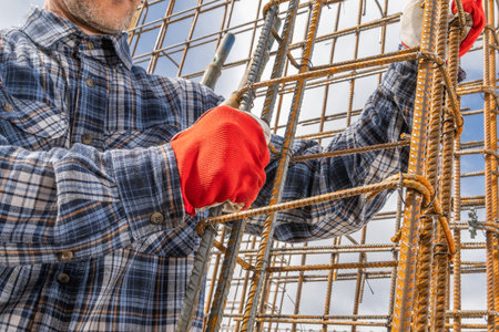 A construction worker wearing red gloves and a plaid shirt is busy securing steel reinforcement bars at a construction site during the day. The bright sky provides a clear backdrop for the labor-intensive task.の写真素材