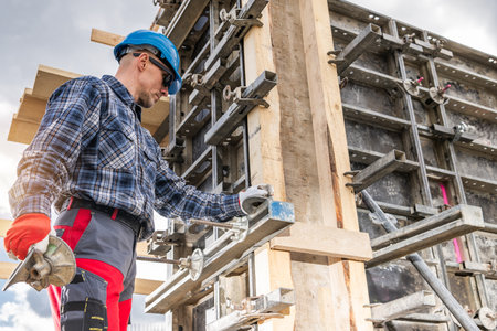 A construction worker in a safety helmet and gloves is carefully applying a finishing touch to wooden formwork at a construction site. The worker is focused and surrounded by scaffolding and tools during daylight hours.の写真素材