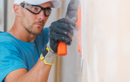 A skilled laborer is carefully smoothing a wall surface using a trowel in a bright indoor space. Clad in protective gear, he focuses intently on achieving a perfect finish early in the day.の写真素材