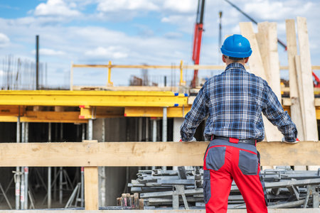 A construction worker in a blue hard hat and plaid shirt observes the active building site during the day. Wooden beams and scaffolding are visible, surrounded by machinery and construction materials under a blue sky with clouds.の写真素材