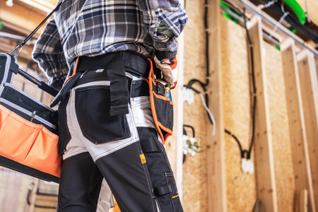 A construction worker stands with a tool belt in a workshop, ready to begin a project. The space is filled with various tools and equipment, highlighting a productive atmosphere during working hours.の写真素材