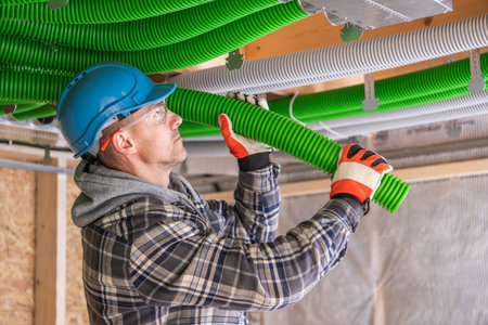 A construction worker wearing a blue helmet and gloves adjusts bright green tubing in the ceiling of an unfinished building. The worker focuses intently, ensuring proper placement while surrounded by wooden structures.の写真素材