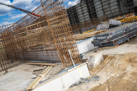 Workers are actively constructing a building. The site features steel rebar framework, stacked materials, and equipment under a clear blue sky. Various construction elements are visible, indicating progress on the project.の写真素材