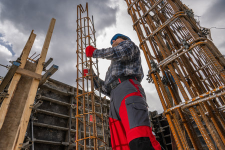 A construction worker is focused on assembling rebar structures at a construction site. The cloudy sky adds a dramatic backdrop to the activity in this project, showing the hard work involved in building.の写真素材