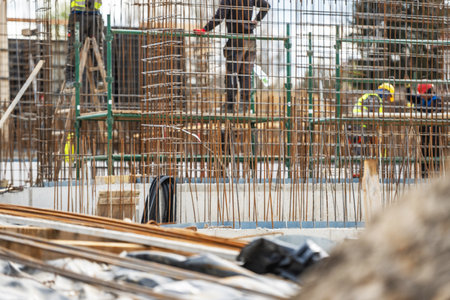 Construction workers are actively engaged in building a concrete structure at a work site filled with equipment and materials. Reinforcement bars and scaffolding indicate advanced stages of construction taking place.の写真素材