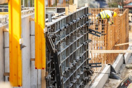 A construction worker is focused on assembling concrete forms at a busy building site during daylight. The environment shows ongoing work with safety measures in place, highlighting construction activities and teamwork.の写真素材