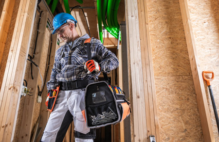 A construction worker is seen inside a partially finished building, wearing a hard hat and safety...