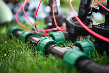 Newly installed irrigation system components are arranged on lush green turf. The focus is on pipes and valves, showing the detailed setup for efficient watering in a residential garden.の写真素材