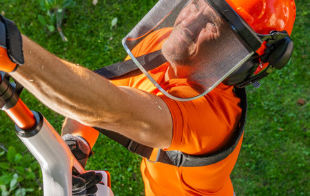 A person in bright orange gear carefully operates a pole saw to trim overgrown branches on a sunny...