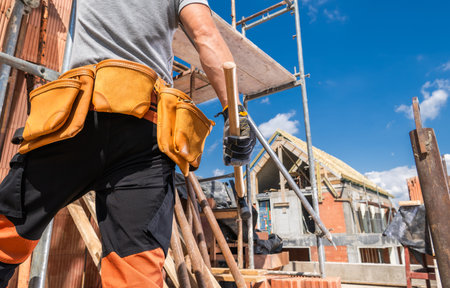 A construction worker prepares for work, handling tools while supervising construction at a busy...