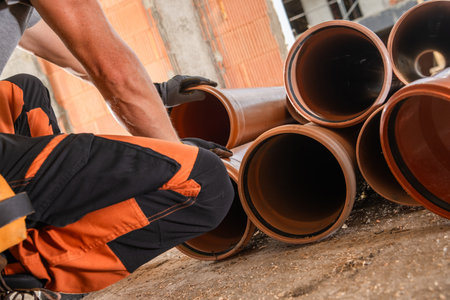 A construction worker is carefully arranging pipes on the ground at a building site. The setting is...
