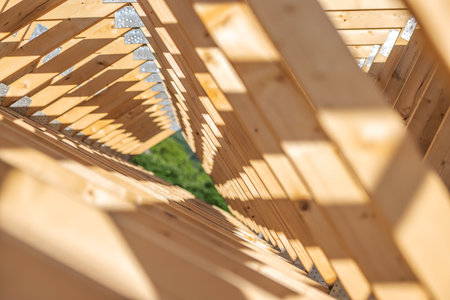 A unique wooden framework lets sunlight filter through, creating an interplay of light and shadow in...