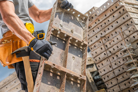 A construction worker in gloves and a tool belt lifts a heavy concrete formwork at a construction...