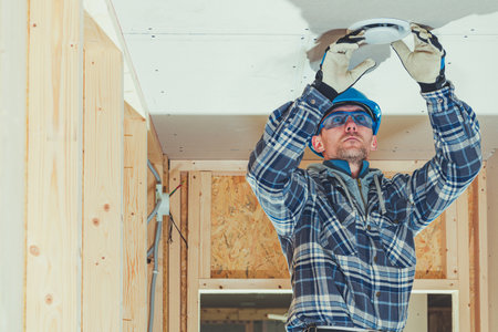 A construction worker in a plaid flannel shirt and blue helmet installs a ceiling fixture in a...