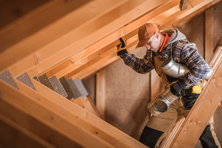 A skilled worker examines the wooden structure of an attic, wearing safety gear and focused on his...