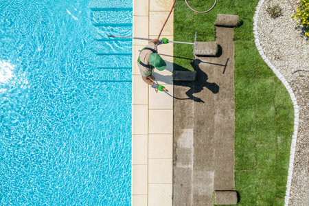 Caucasian Professional Gardener Installing New Grass Turfs Around Outdoor Swimming Pool