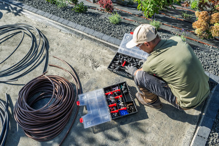 A man is arranging various irrigation tools in a plastic toolbox while seated on the ground in a...