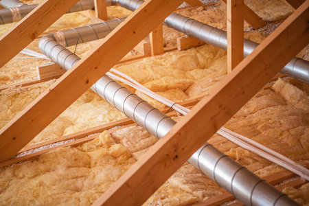 Wooden beams support a network of pipes and ductwork, showcasing insulation materials in a...