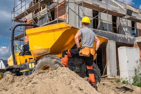 A construction worker stands beside a dumper truck, surveying a building site. The site features scaffolding and partially completed structures under a clear sky.の写真素材