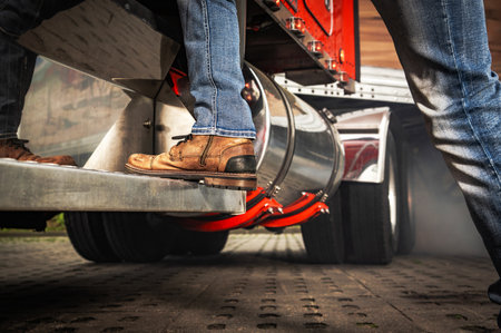 A driver stands on the steps of a large truck, preparing for loading. The scene captures the action of transitioning into the vehicle at a transport area.の写真素材