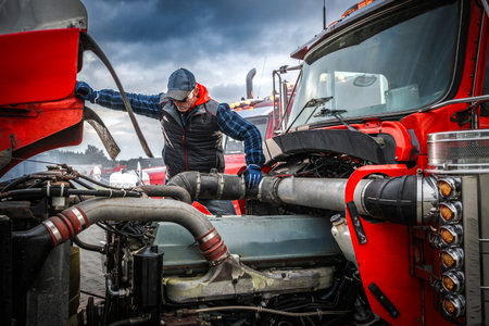 A mechanic with a cap is working on a red truck's engine in a trucking yard under a cloudy sky, focused on fixing the vehicle's performance issue.の写真素材