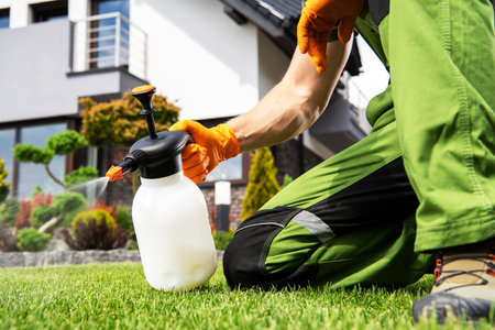Gardener in gloves kneels on the lush lawn, preparing to apply a treatment using a spray bottle in a contemporary home garden setting.の写真素材