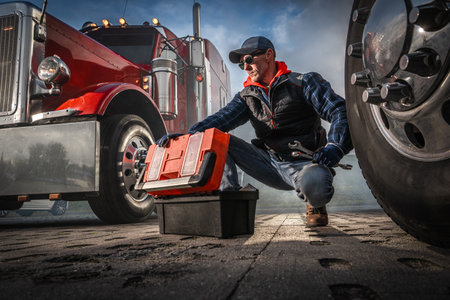 A truck driver kneels beside his big rig, checking tools from a box while working on the vehicle under a cloudy sky in the early morning.の写真素材