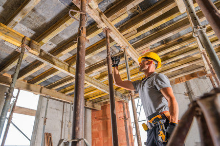 Construction worker in a hard hat adjusts scaffolding supports in a building under construction during daytime.の写真素材
