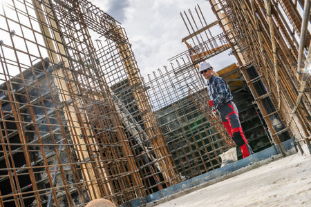 A construction worker is overseeing rebar placement at a building site on a cloudy day.の写真素材
