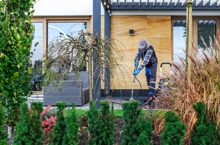 A person is using a tool to tend to plants in a yard at a house during daylight hours.