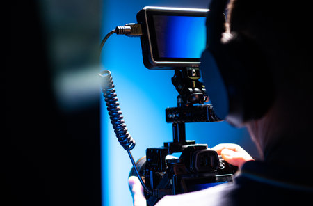 A person adjusts a camera and monitor for video recording in a studio. The focus is on equipment...