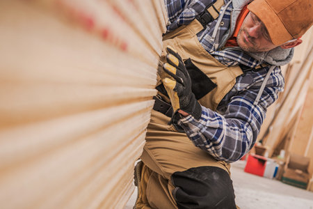 Man focuses on sanding wood while kneeling in a workshop environment with wooden panels around.