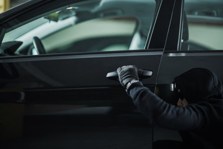 A person wearing black clothing and gloves is trying to open a car door in a parking lot during the...
