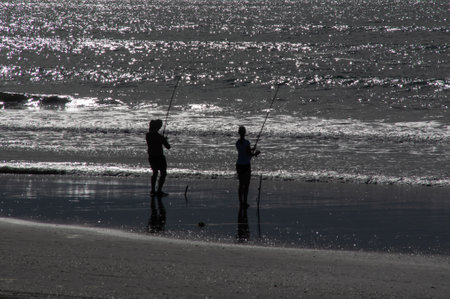 Silhouette of couple surfcasting on a beach in New Zealand at sunset. 1の写真素材