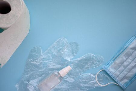 Coronavirus corona virus prevention face mask, hand sanitizer gel for hand hygiene spread, glovesの写真素材