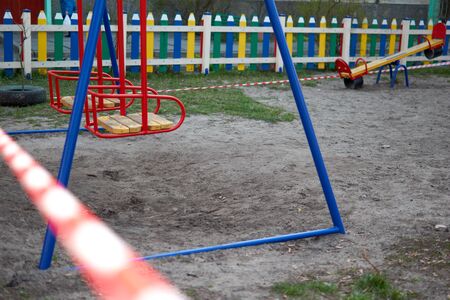Warning sign of quarantine. Closed kids playgrounds. Coronavirus, Covid-19 outbreak.の写真素材